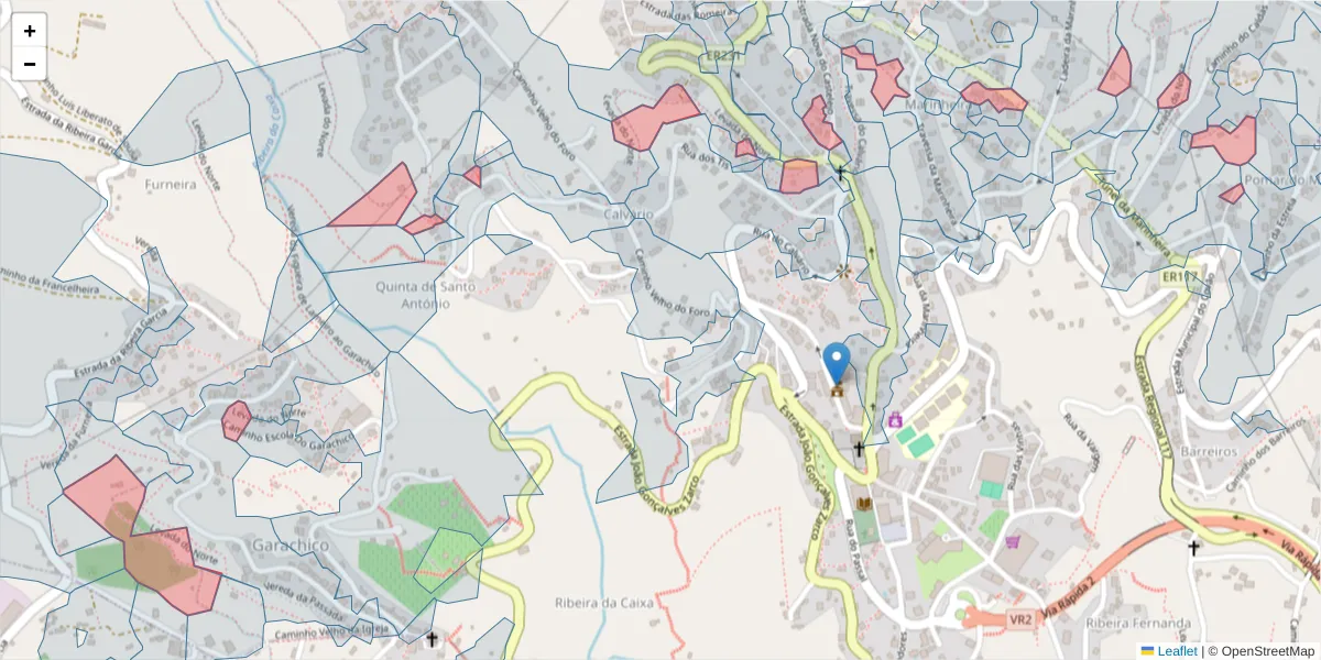 Mapa detalhado do código postal 9325-090 com limites, códigos postais vizinhos e agências dos correios