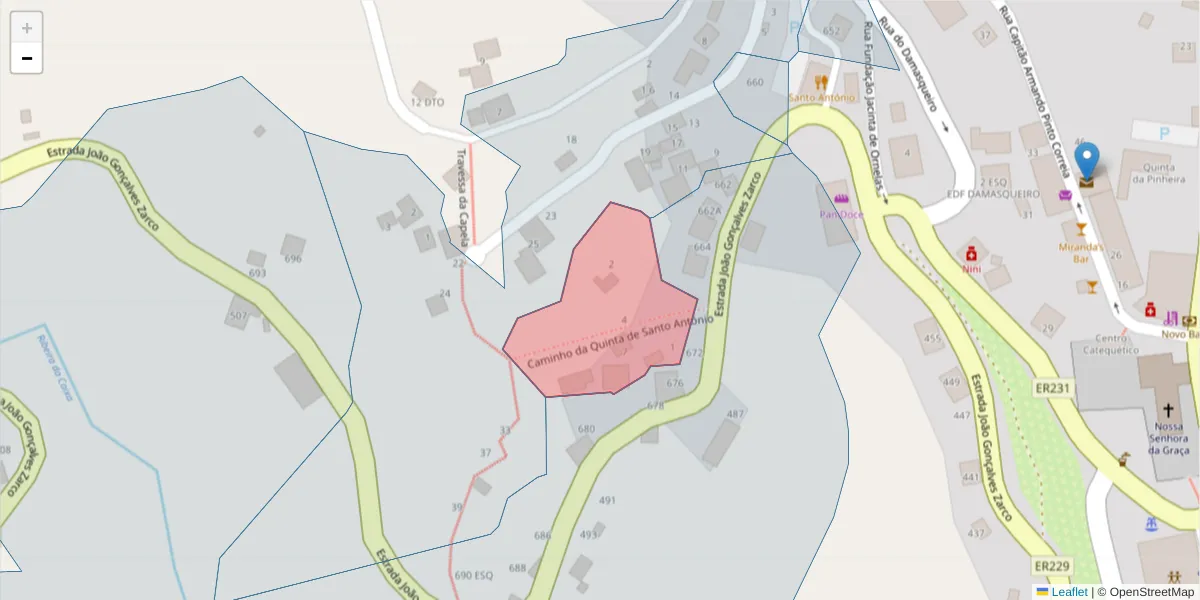 Mapa detalhado do código postal 9325-091 com limites, códigos postais vizinhos e agências dos correios