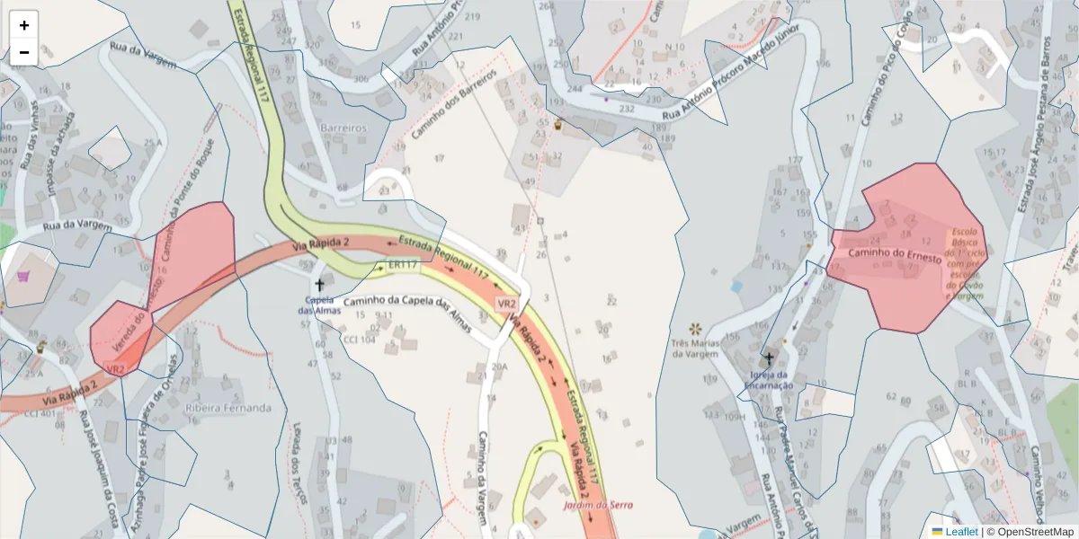 Mapa detalhado do código postal 9325-098 com limites, códigos postais vizinhos e agências dos correios