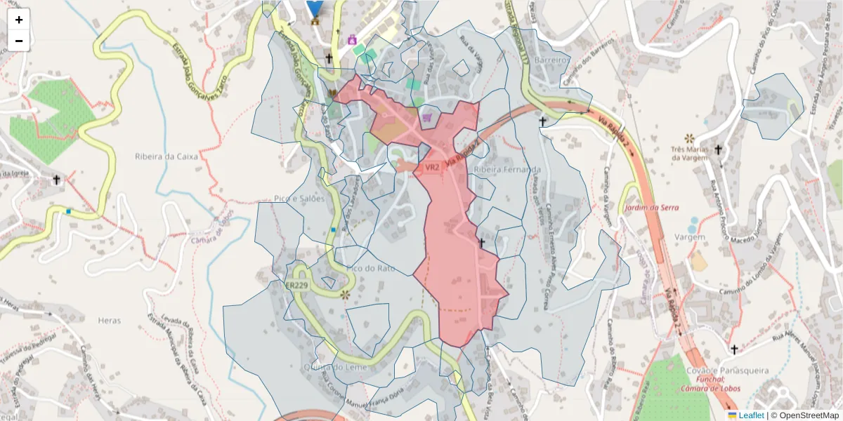 Mapa detalhado do código postal 9325-100 com limites, códigos postais vizinhos e agências dos correios