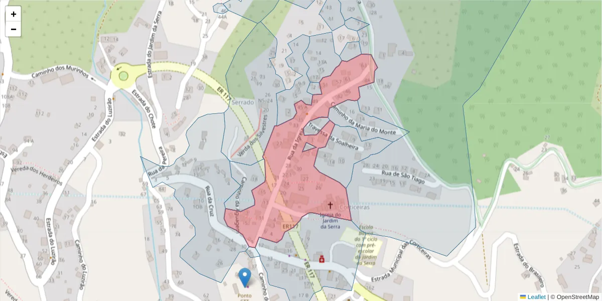 Mapa detalhado do código postal 9325-122 com limites, códigos postais vizinhos e agências dos correios
