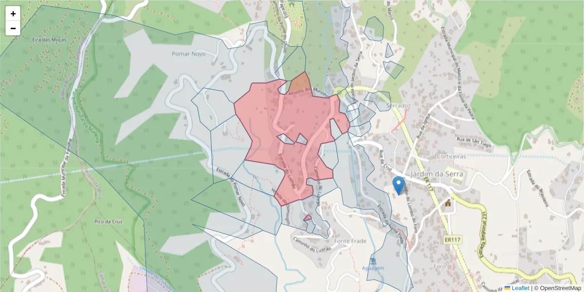 Mapa detalhado do código postal 9325-138 com limites, códigos postais vizinhos e agências dos correios