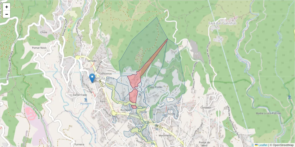 Mapa detalhado do código postal 9325-144 com limites, códigos postais vizinhos e agências dos correios