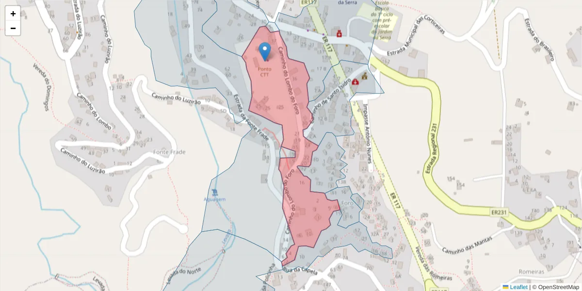Mapa detalhado do código postal 9325-151 com limites, códigos postais vizinhos e agências dos correios