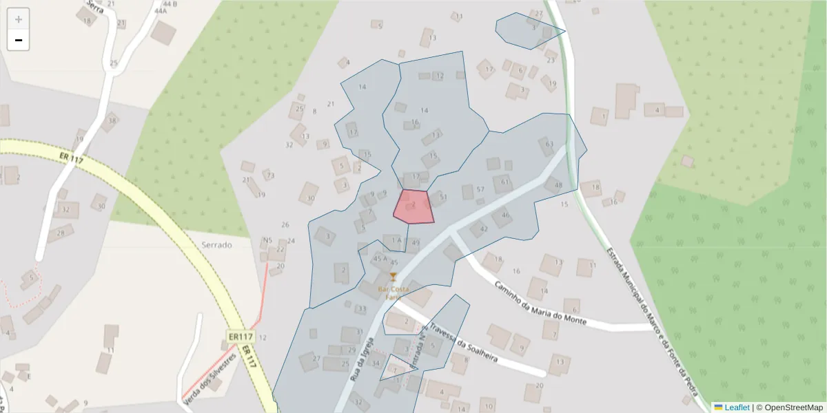 Mapa detalhado do código postal 9325-217 com limites, códigos postais vizinhos e agências dos correios