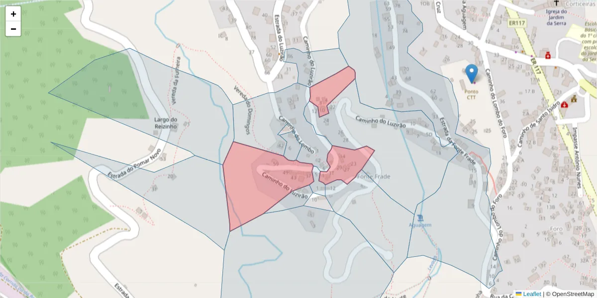 Mapa detalhado do código postal 9325-232 com limites, códigos postais vizinhos e agências dos correios