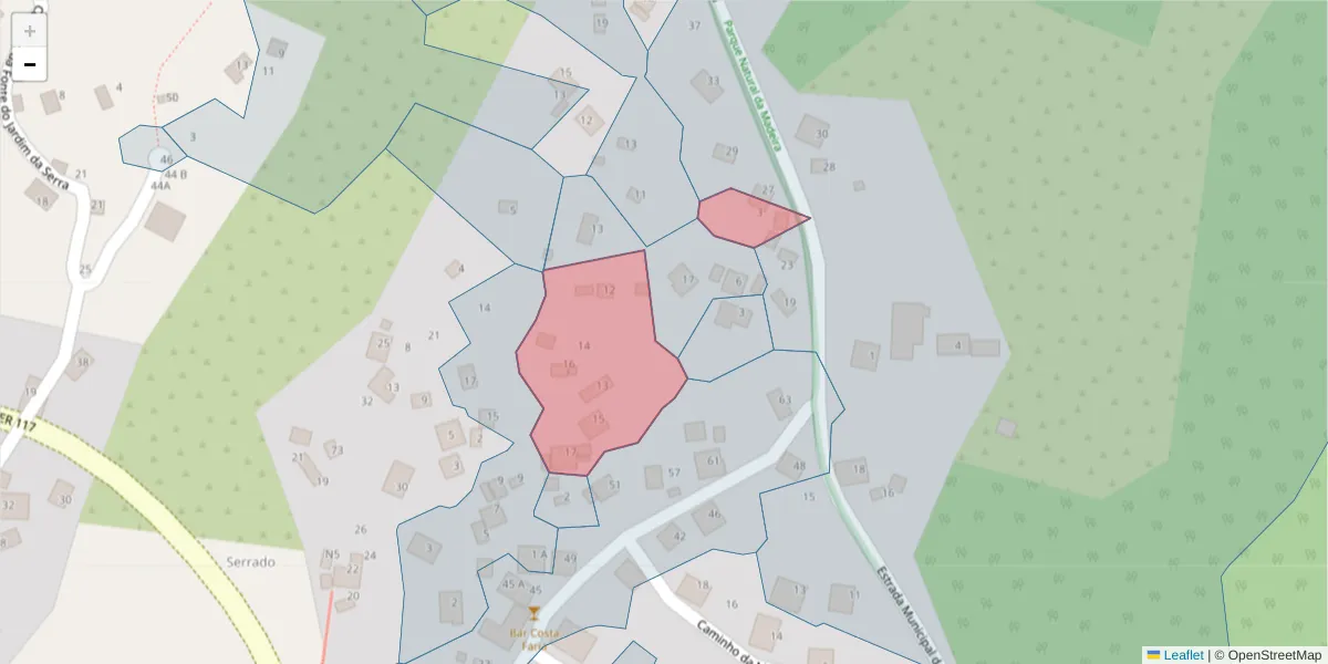 Mapa detalhado do código postal 9325-233 com limites, códigos postais vizinhos e agências dos correios