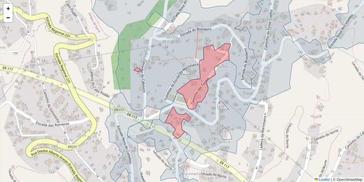 Mapa detalhado do código postal 9325-312 com limites, códigos postais vizinhos e agências dos correios