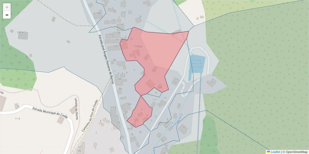 Mapa detalhado do código postal 9325-351 com limites, códigos postais vizinhos e agências dos correios