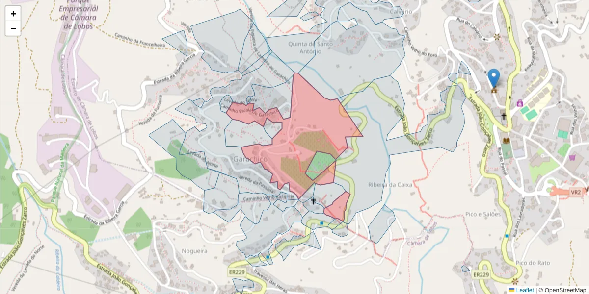 Mapa detalhado do código postal 9325-363 com limites, códigos postais vizinhos e agências dos correios