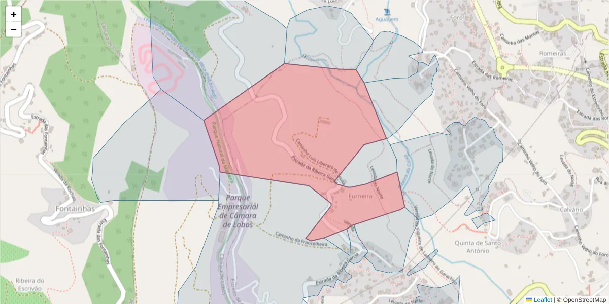 Mapa detalhado do código postal 9325-373 com limites, códigos postais vizinhos e agências dos correios