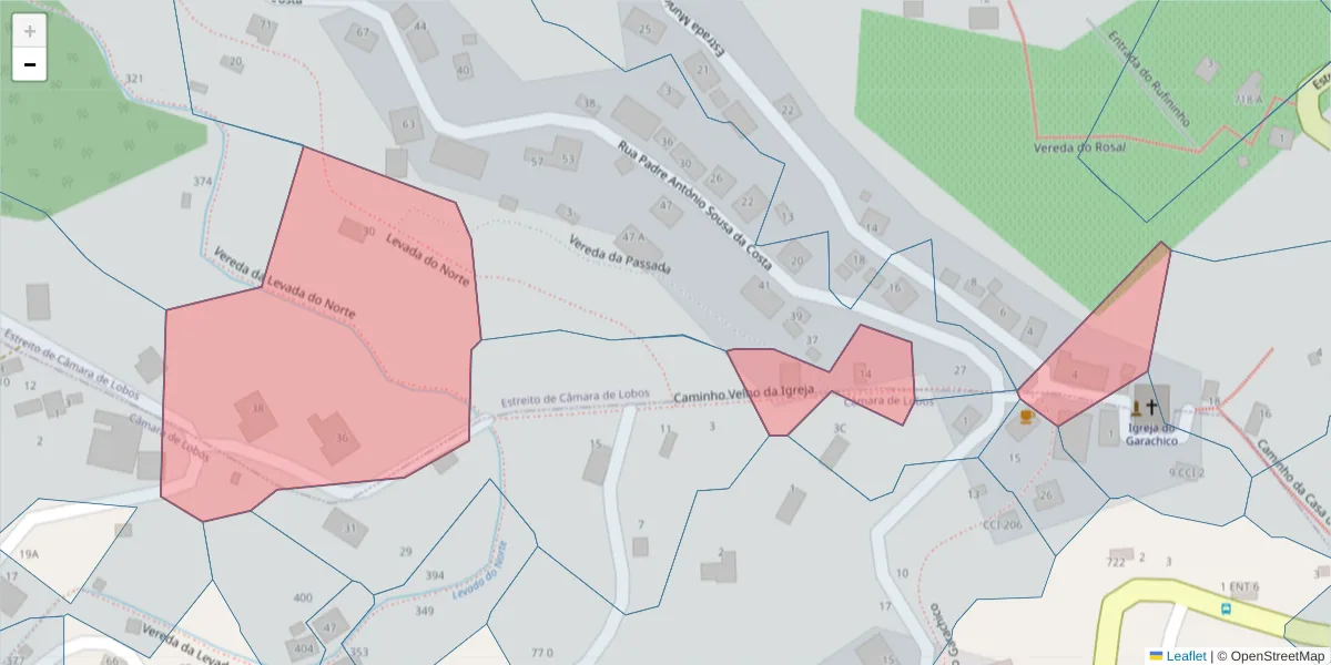 Mapa detalhado do código postal 9325-374 com limites, códigos postais vizinhos e agências dos correios