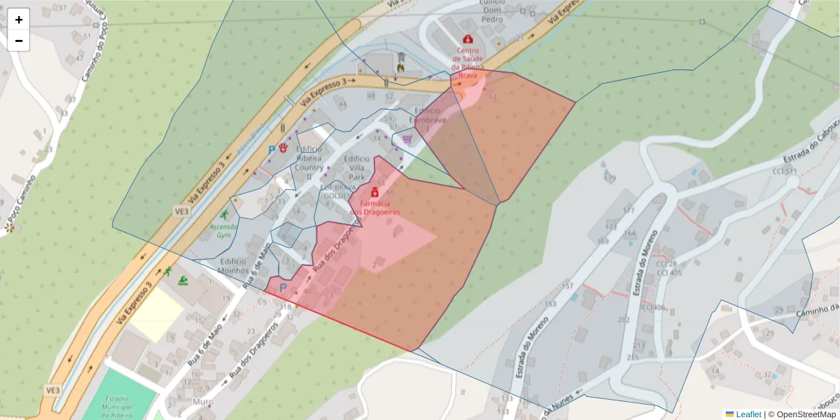 Mapa detalhado do código postal 9350-215 com limites, códigos postais vizinhos e agências dos correios