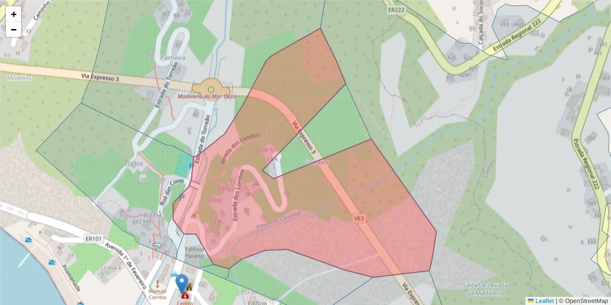 Mapa detalhado do código postal 9360-421 com limites, códigos postais vizinhos e agências dos correios