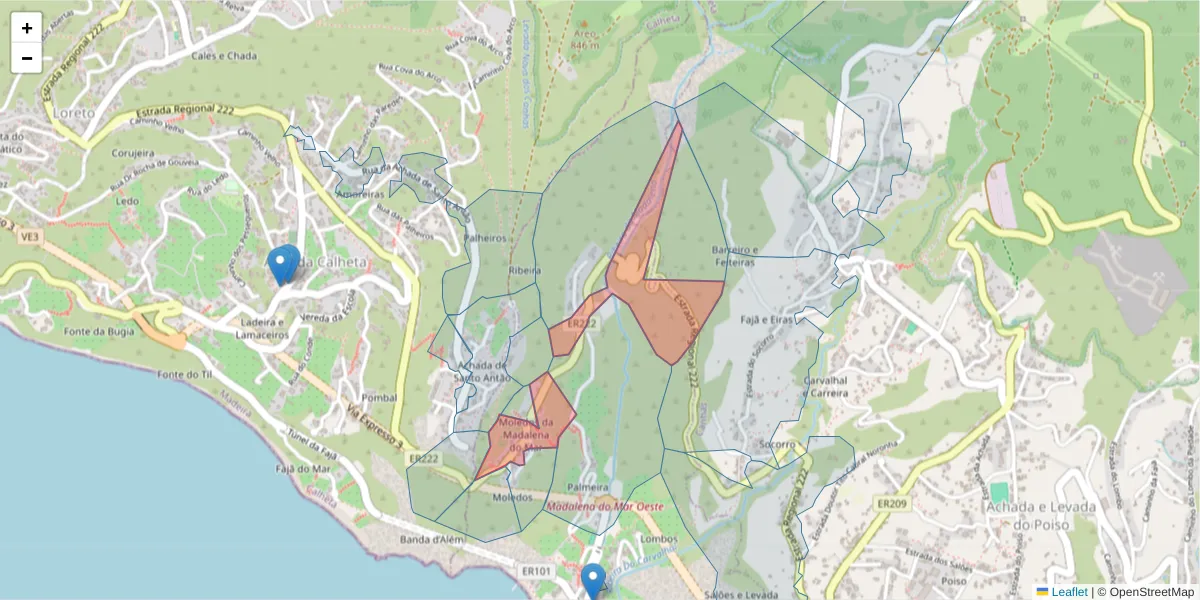 Mapa detalhado do código postal 9360-425 com limites, códigos postais vizinhos e agências dos correios