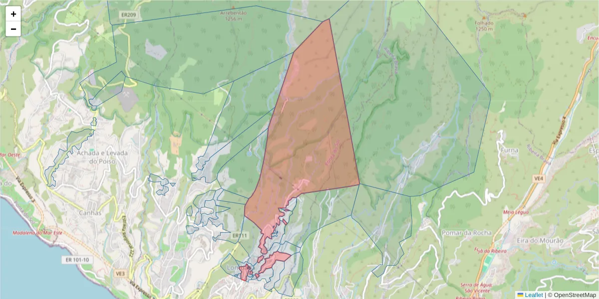 Mapa detalhado do código postal 9360-518 com limites, códigos postais vizinhos e agências dos correios