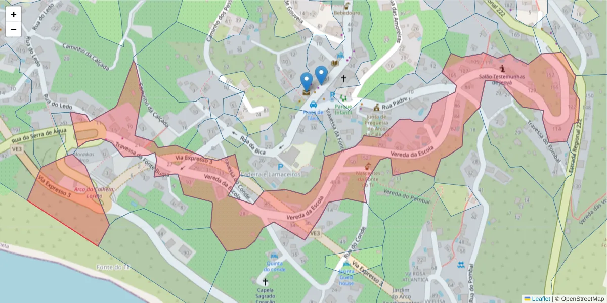 Mapa detalhado do código postal 9370-042 com limites, códigos postais vizinhos e agências dos correios