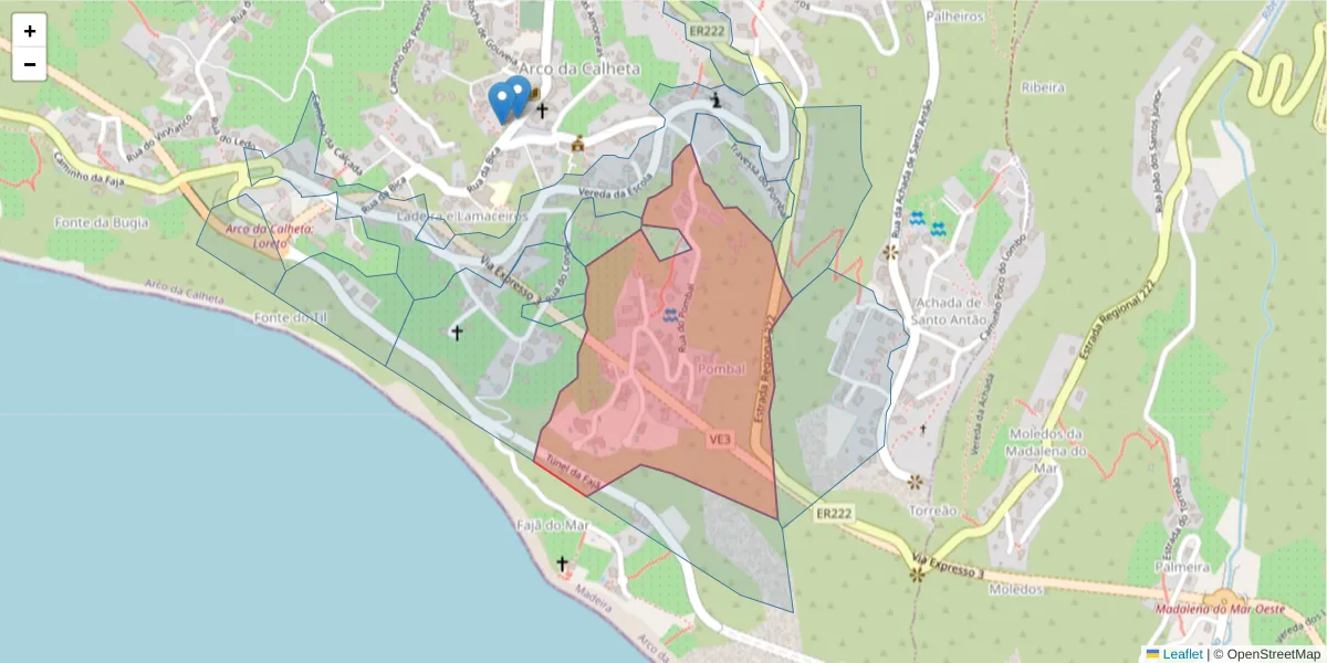 Mapa detalhado do código postal 9370-048 com limites, códigos postais vizinhos e agências dos correios