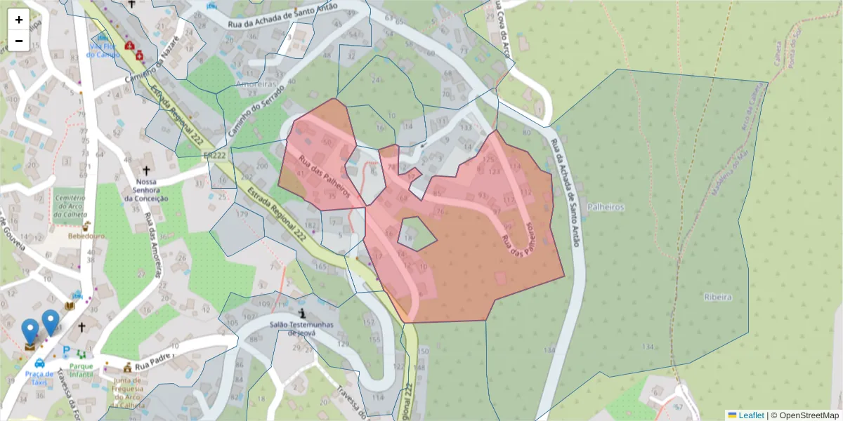Mapa detalhado do código postal 9370-054 com limites, códigos postais vizinhos e agências dos correios