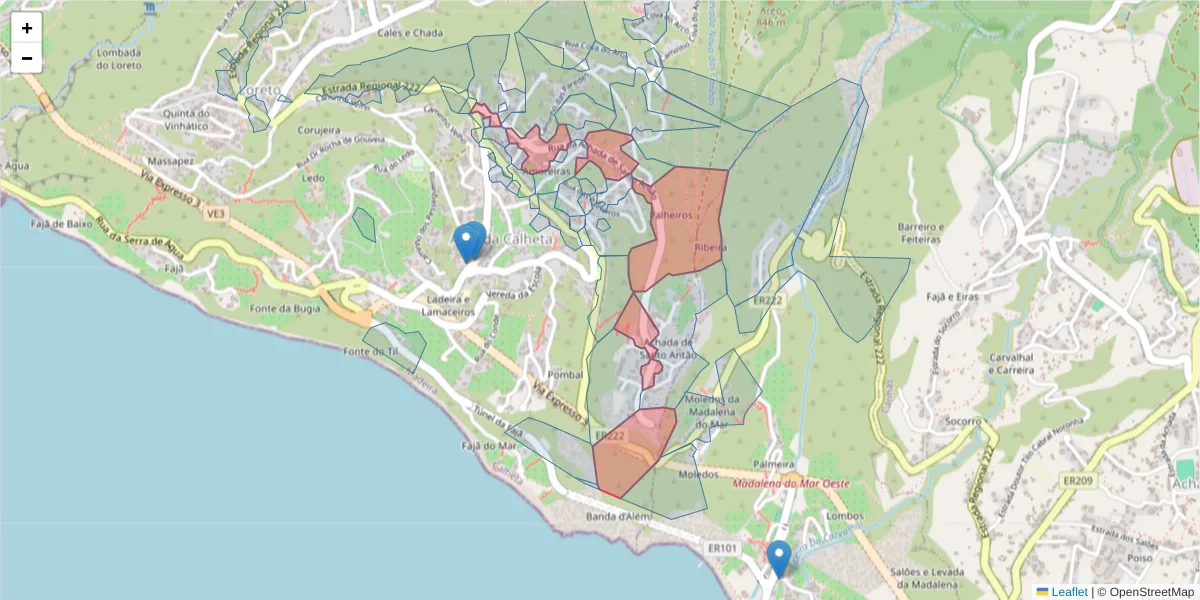 Mapa detalhado do código postal 9370-056 com limites, códigos postais vizinhos e agências dos correios