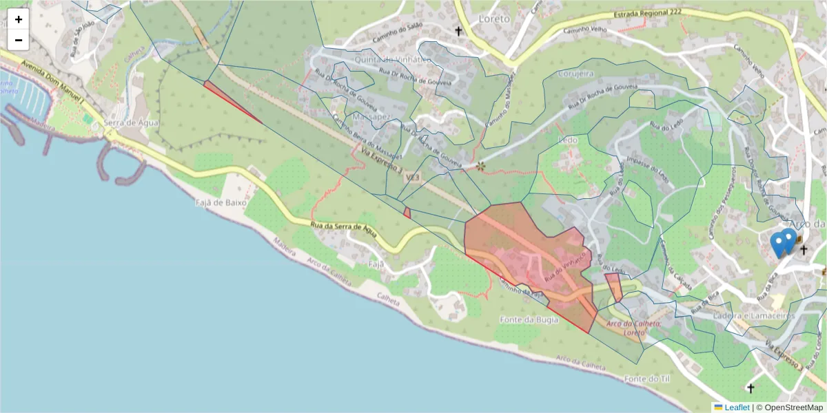 Mapa detalhado do código postal 9370-083 com limites, códigos postais vizinhos e agências dos correios