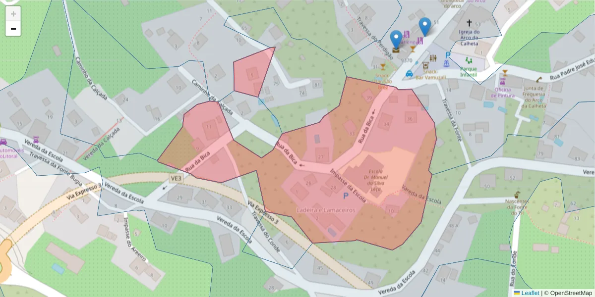 Mapa detalhado do código postal 9370-085 com limites, códigos postais vizinhos e agências dos correios