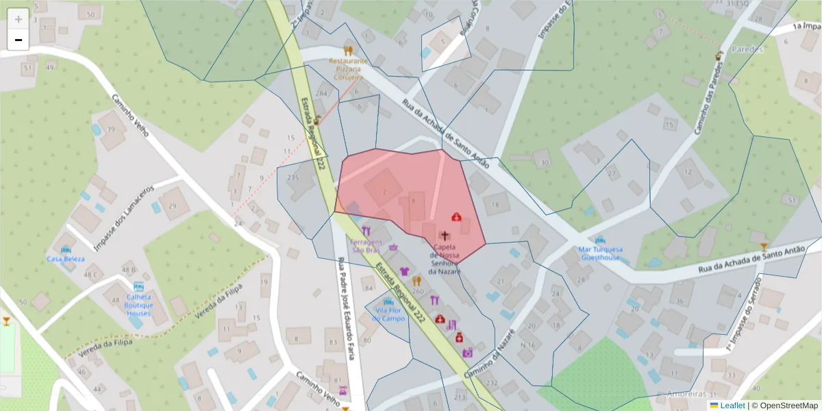 Mapa detalhado do código postal 9370-096 com limites, códigos postais vizinhos e agências dos correios