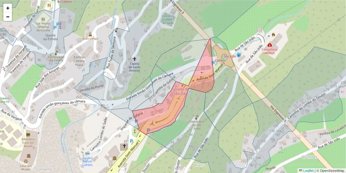 Mapa detalhado do código postal 9370-135 com limites, códigos postais vizinhos e agências dos correios