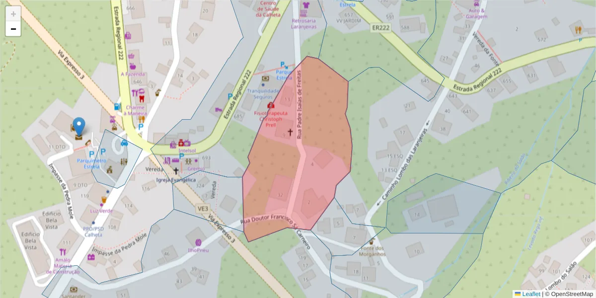 Mapa detalhado do código postal 9370-150 com limites, códigos postais vizinhos e agências dos correios
