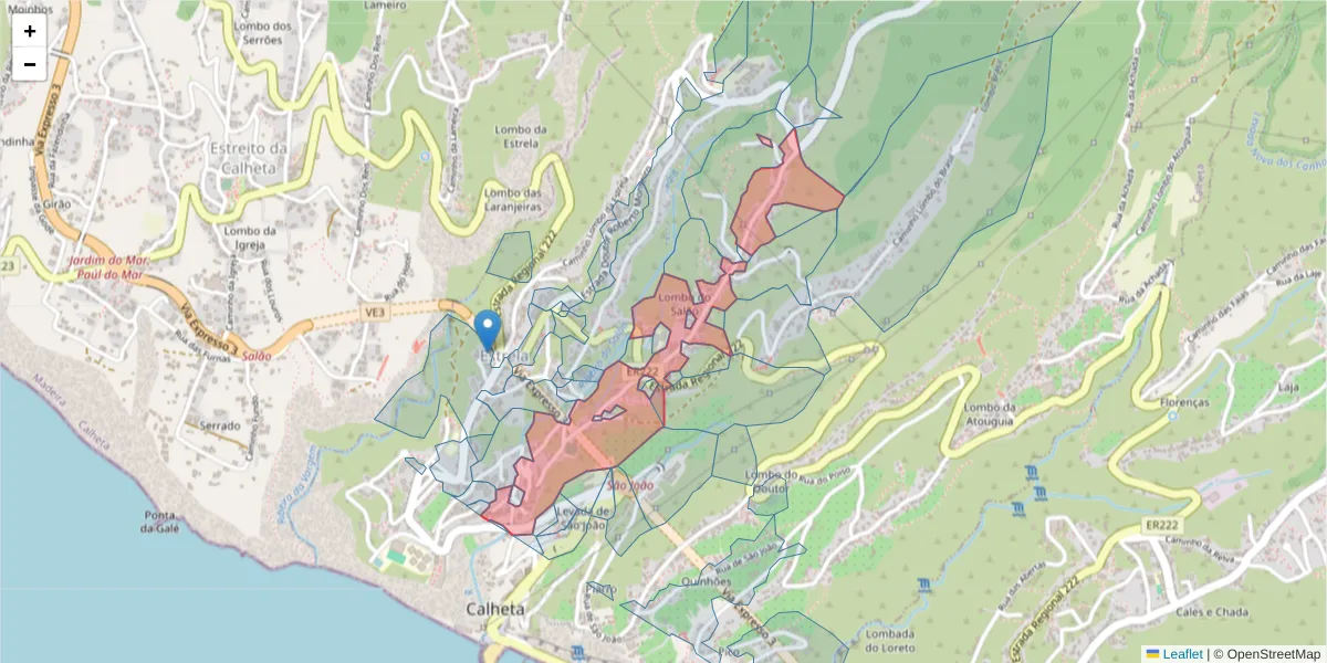 Mapa detalhado do código postal 9370-153 com limites, códigos postais vizinhos e agências dos correios