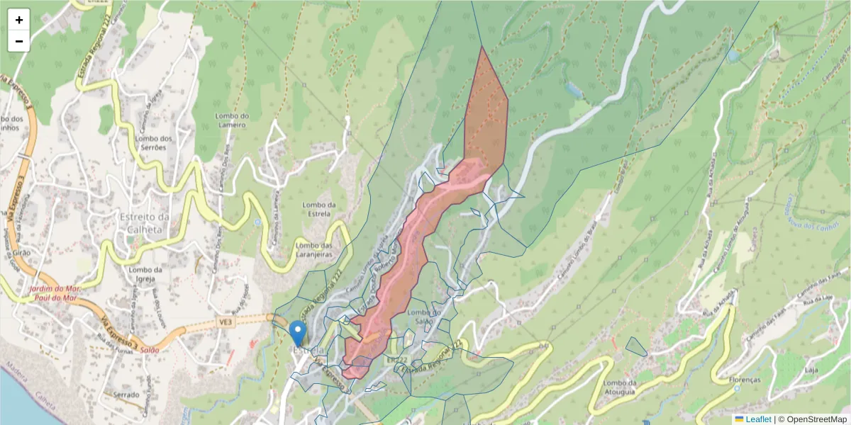 Mapa detalhado do código postal 9370-165 com limites, códigos postais vizinhos e agências dos correios