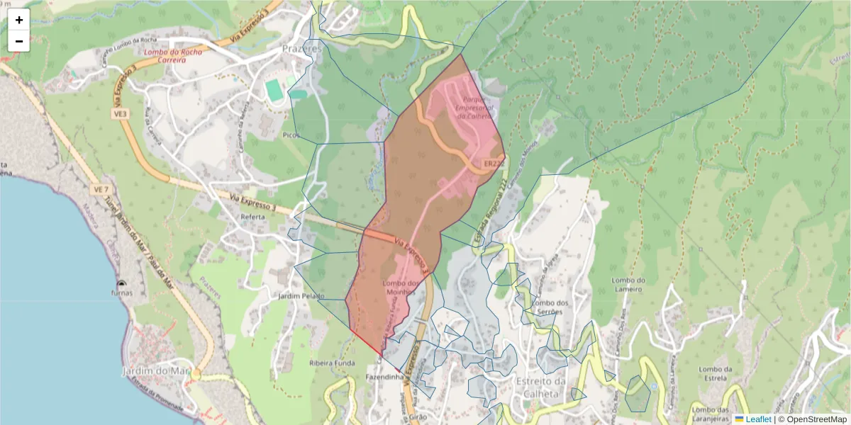 Mapa detalhado do código postal 9370-249 com limites, códigos postais vizinhos e agências dos correios