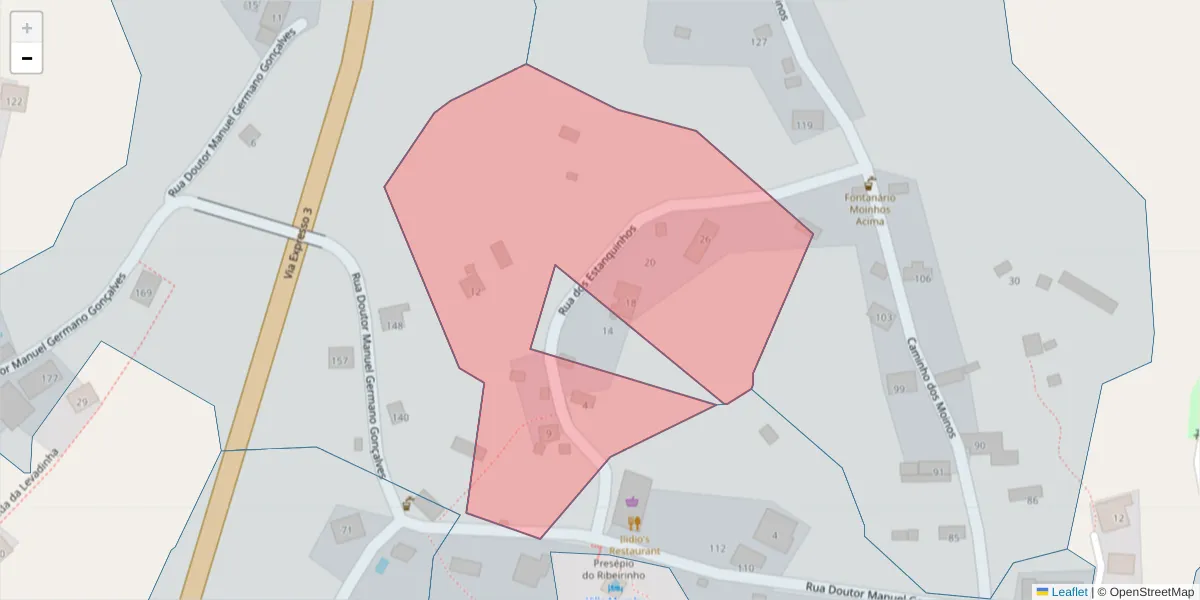 Mapa detalhado do código postal 9370-258 com limites, códigos postais vizinhos e agências dos correios