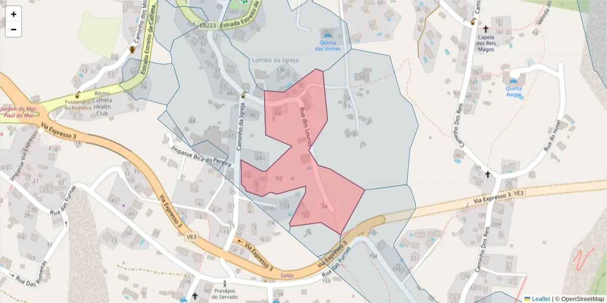 Mapa detalhado do código postal 9370-280 com limites, códigos postais vizinhos e agências dos correios