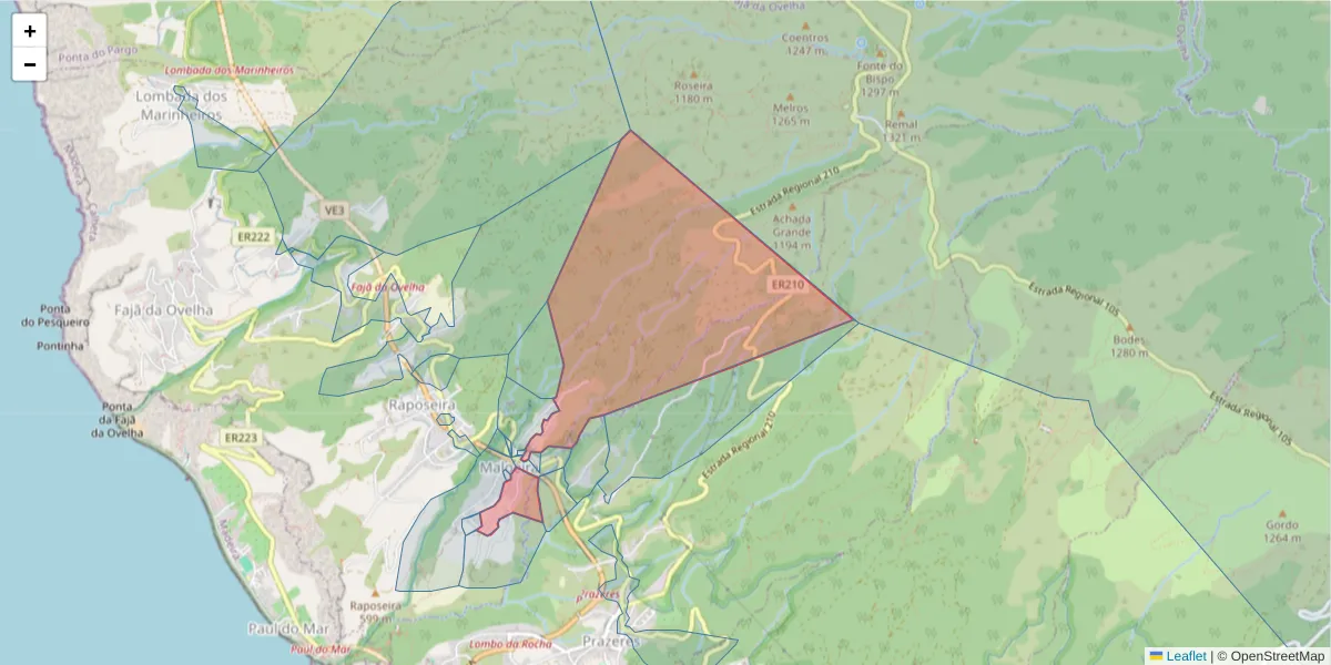 Mapa detalhado do código postal 9370-317 com limites, códigos postais vizinhos e agências dos correios