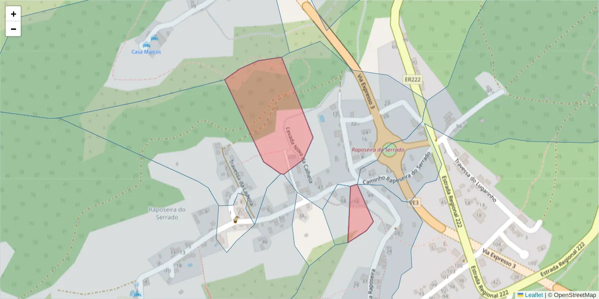 Mapa detalhado do código postal 9370-318 com limites, códigos postais vizinhos e agências dos correios