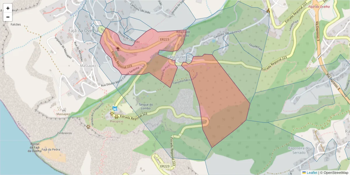 Mapa detalhado do código postal 9370-360 com limites, códigos postais vizinhos e agências dos correios
