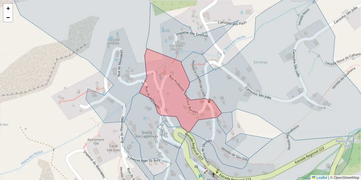 Mapa detalhado do código postal 9370-395 com limites, códigos postais vizinhos e agências dos correios