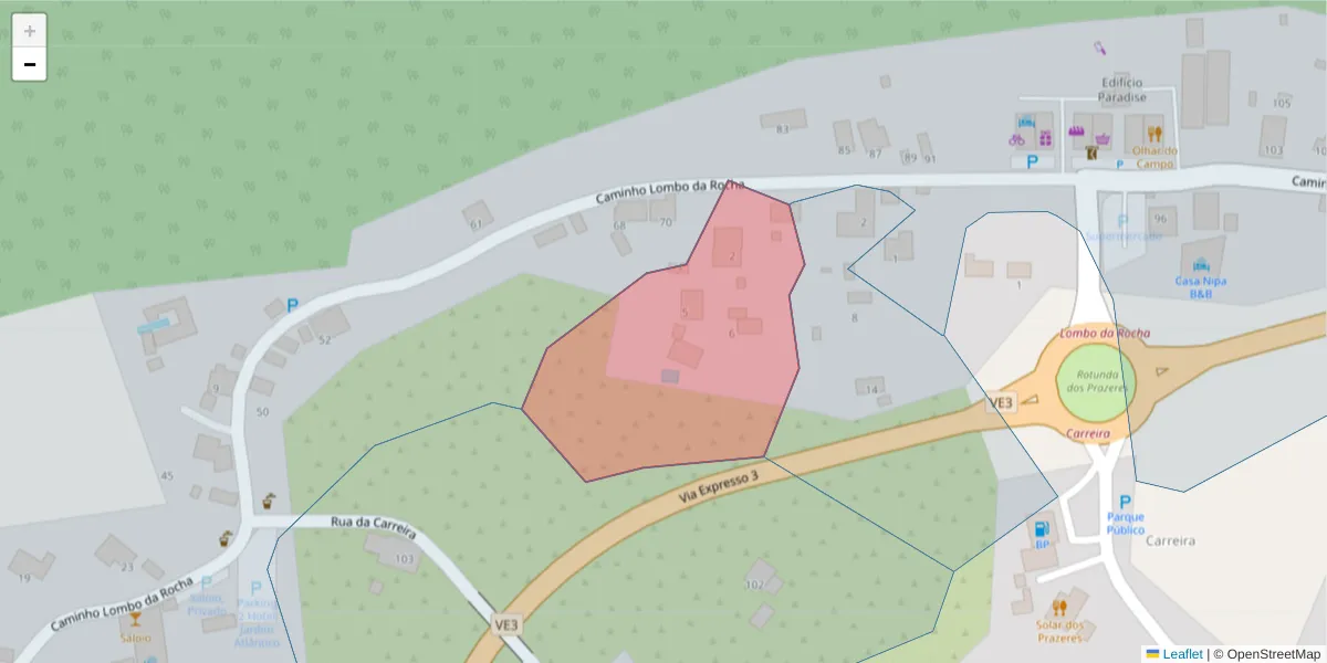 Mapa detalhado do código postal 9370-615 com limites, códigos postais vizinhos e agências dos correios