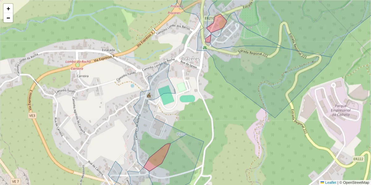 Mapa detalhado do código postal 9370-621 com limites, códigos postais vizinhos e agências dos correios