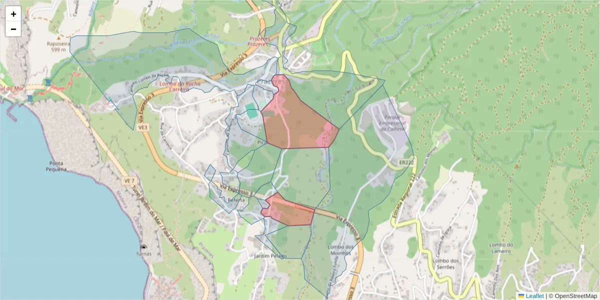 Mapa detalhado do código postal 9370-625 com limites, códigos postais vizinhos e agências dos correios