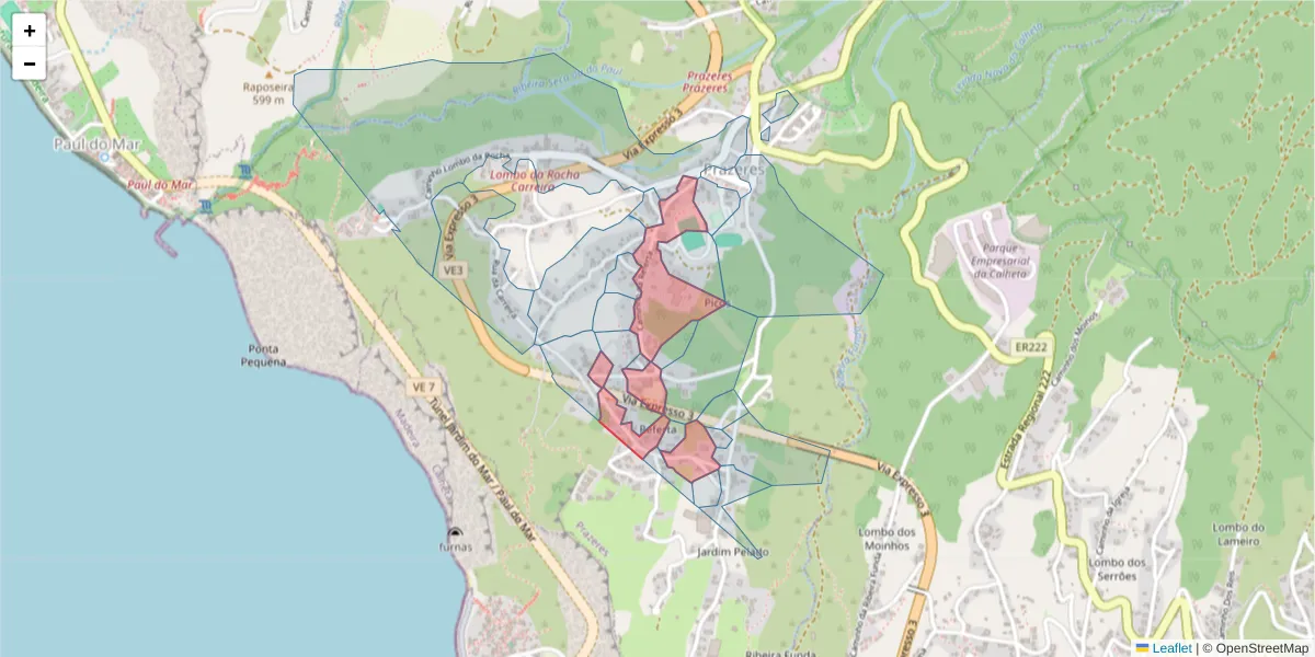 Mapa detalhado do código postal 9370-636 com limites, códigos postais vizinhos e agências dos correios