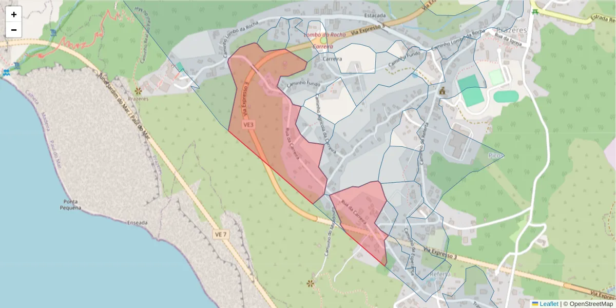 Mapa detalhado do código postal 9370-641 com limites, códigos postais vizinhos e agências dos correios