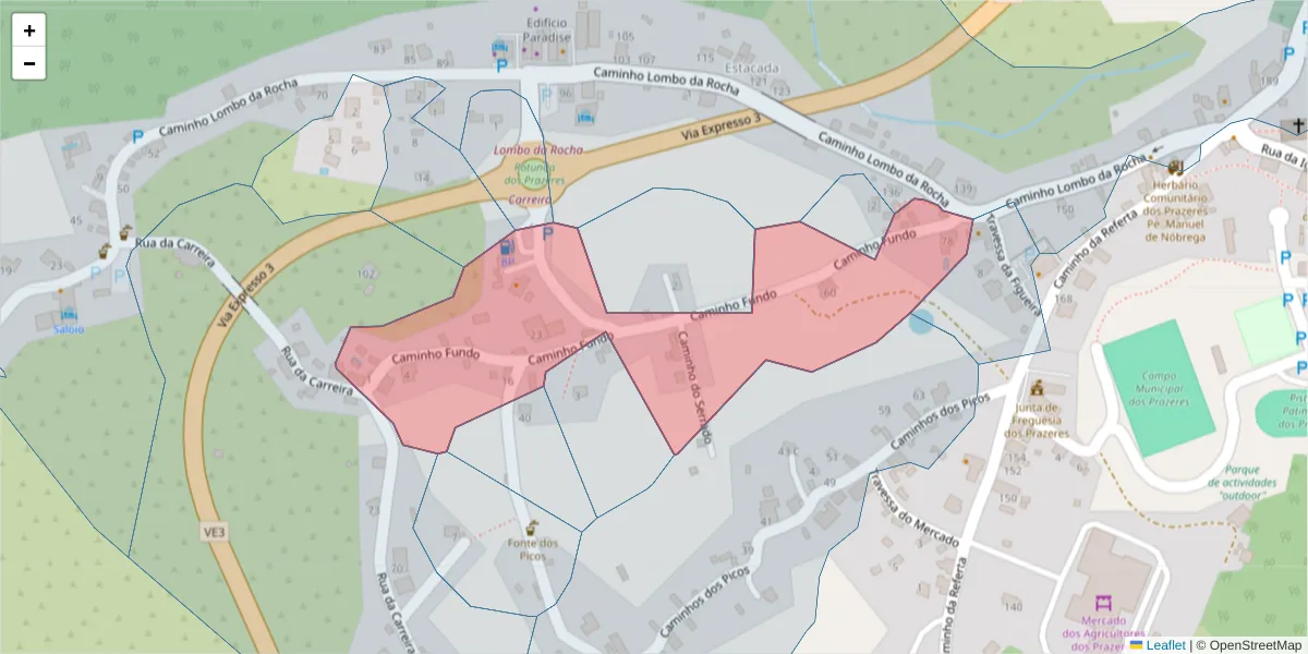 Mapa detalhado do código postal 9370-644 com limites, códigos postais vizinhos e agências dos correios