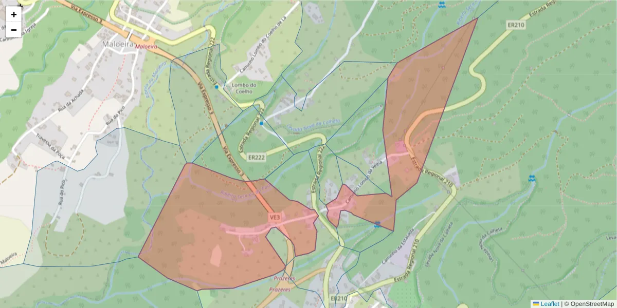 Mapa detalhado do código postal 9370-657 com limites, códigos postais vizinhos e agências dos correios