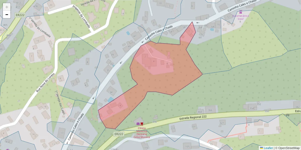 Mapa detalhado do código postal 9370-722 com limites, códigos postais vizinhos e agências dos correios