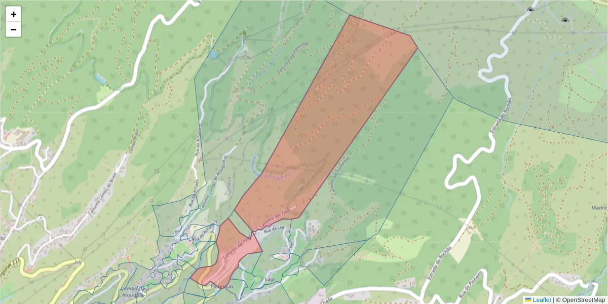 Mapa detalhado do código postal 9370-725 com limites, códigos postais vizinhos e agências dos correios