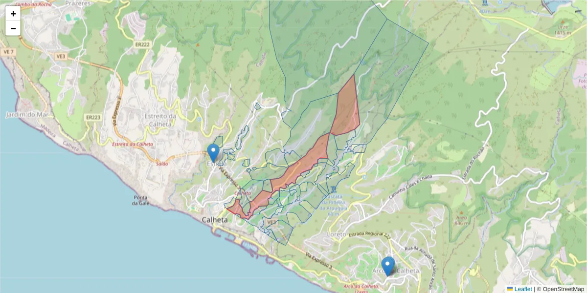 Mapa detalhado do código postal 9370-765 com limites, códigos postais vizinhos e agências dos correios