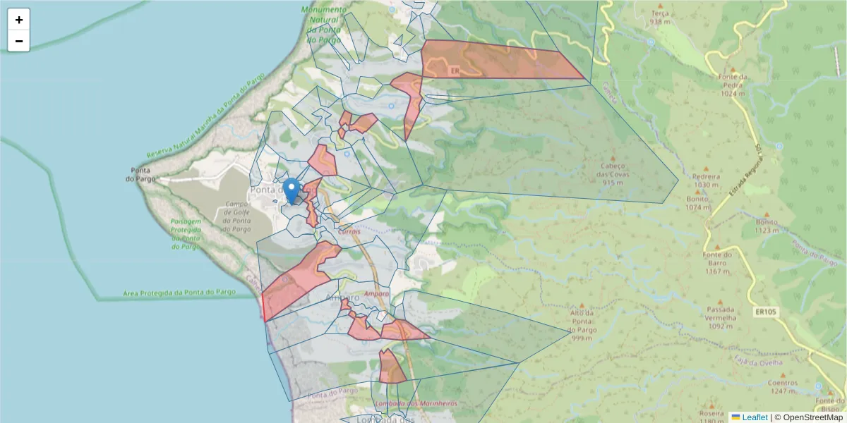 Mapa detalhado do código postal 9385-201 com limites, códigos postais vizinhos e agências dos correios