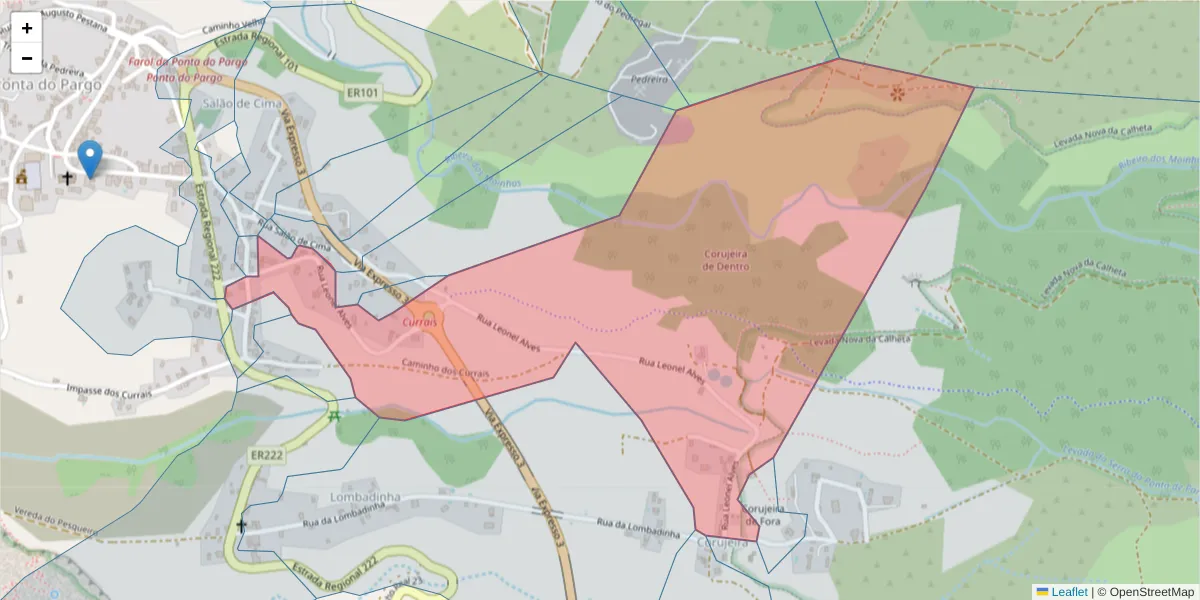 Mapa detalhado do código postal 9385-244 com limites, códigos postais vizinhos e agências dos correios